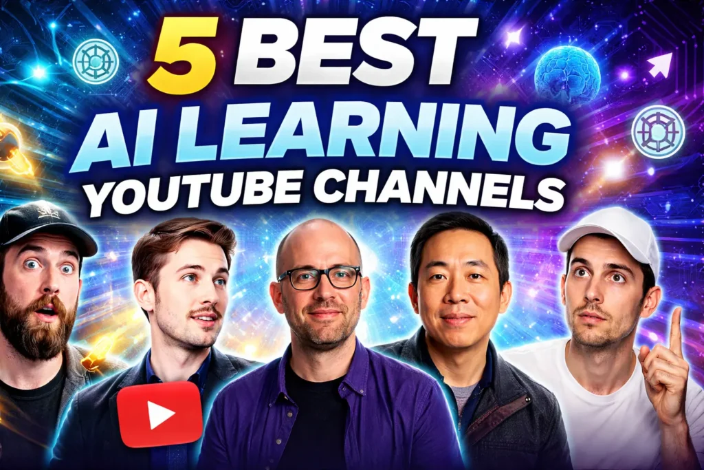 AI learning YouTube channels 2026 thumbnail showing top creators for learning artificial intelligence