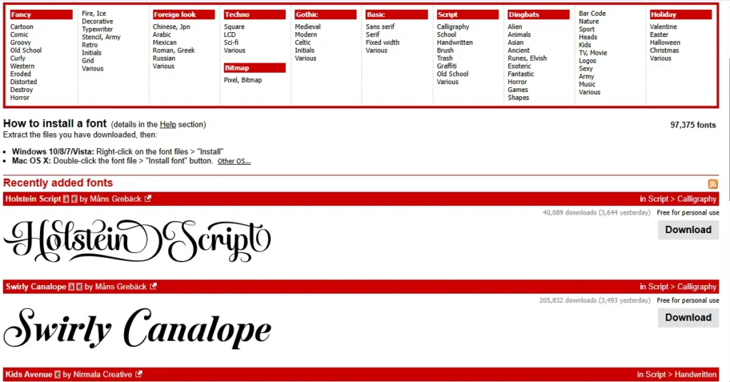 DaFont creative fonts from trending video editing websites for video titles and thumbnails