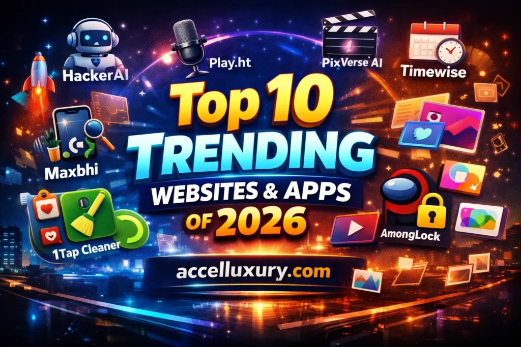 Top 10 trending website and apps 2026 thumbnail featuring AI tools, productivity apps, video platforms, and the brand accelluxury.com