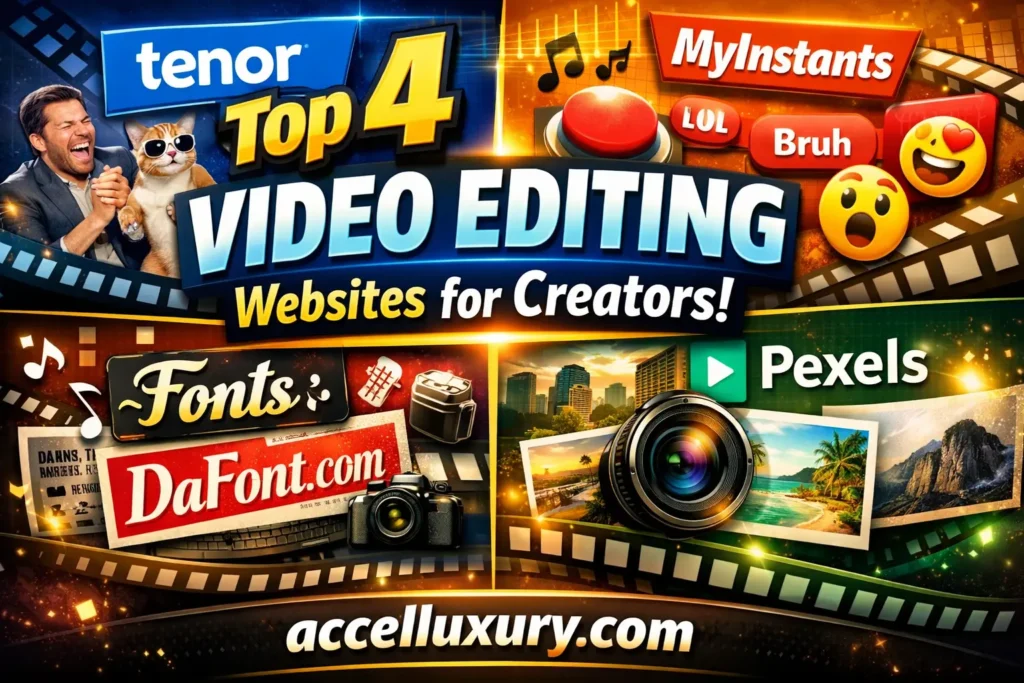 Trending video editing websites thumbnail featuring Tenor, MyInstants, DaFont and Pexels with accelluxury.com branding