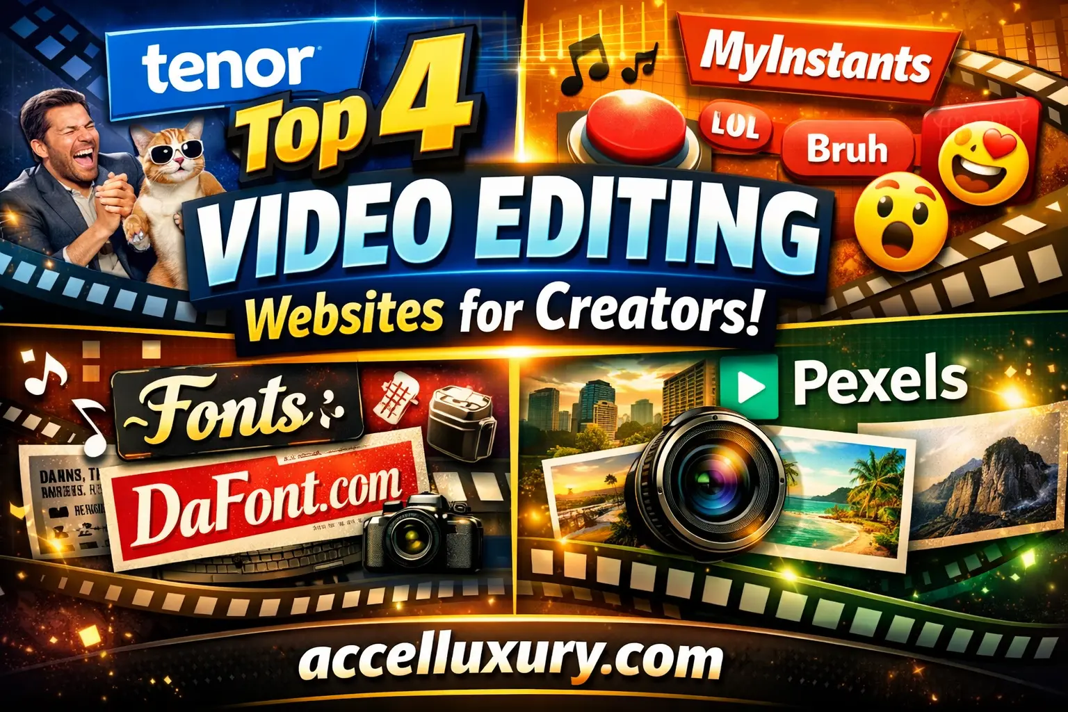 Trending video editing websites thumbnail featuring Tenor, MyInstants, DaFont and Pexels with accelluxury.com branding
