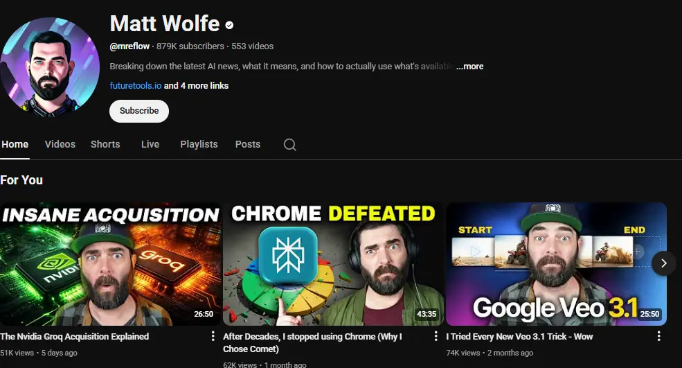 Matt Wolfe explaining AI learning YouTube channels